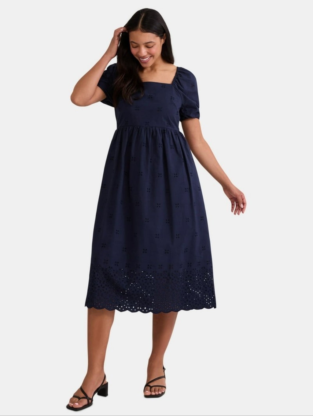 Time And Tru Large Navy Eyelet Midi Dress Cottagecore L With Pockets Nwot